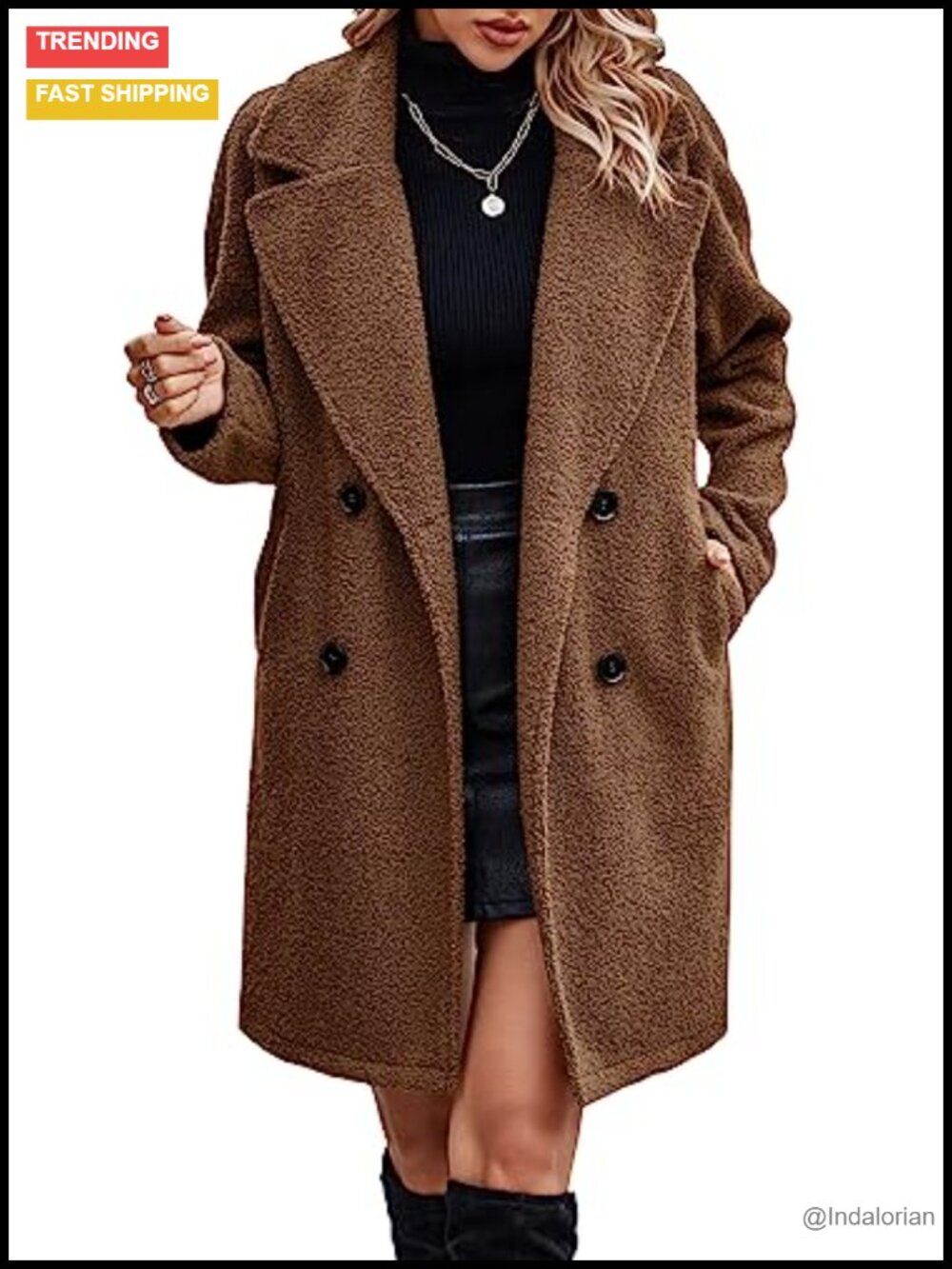 Long Sherpa Coat Fuzzy Faux Fur Trench Button Cardigan Pockets
